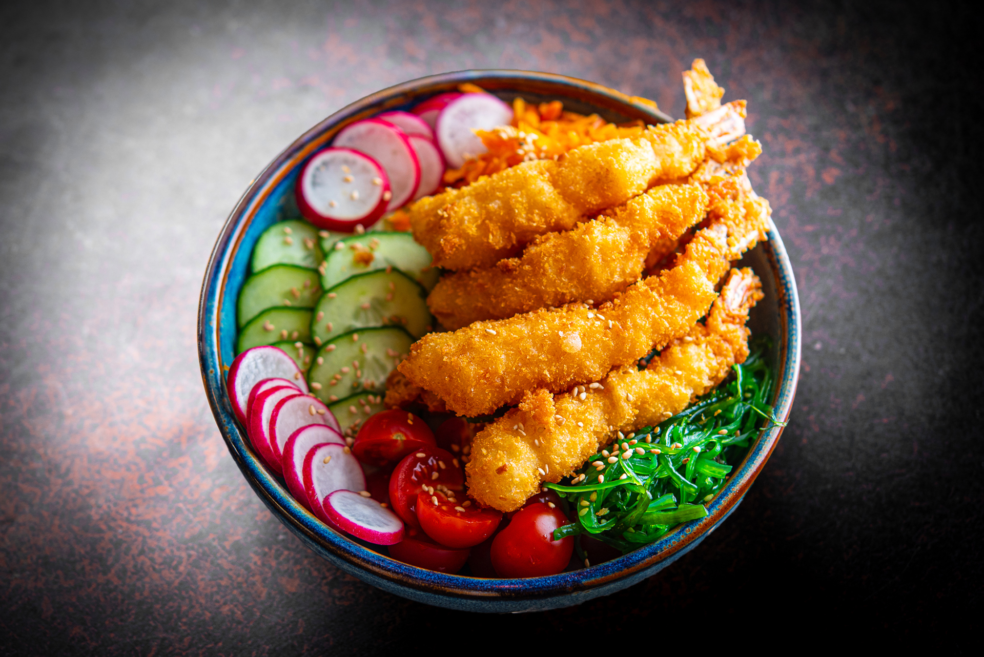 Poke with tempura prawns